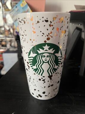 Starbucks White Tumbler with Green Logo and Gold Flecks